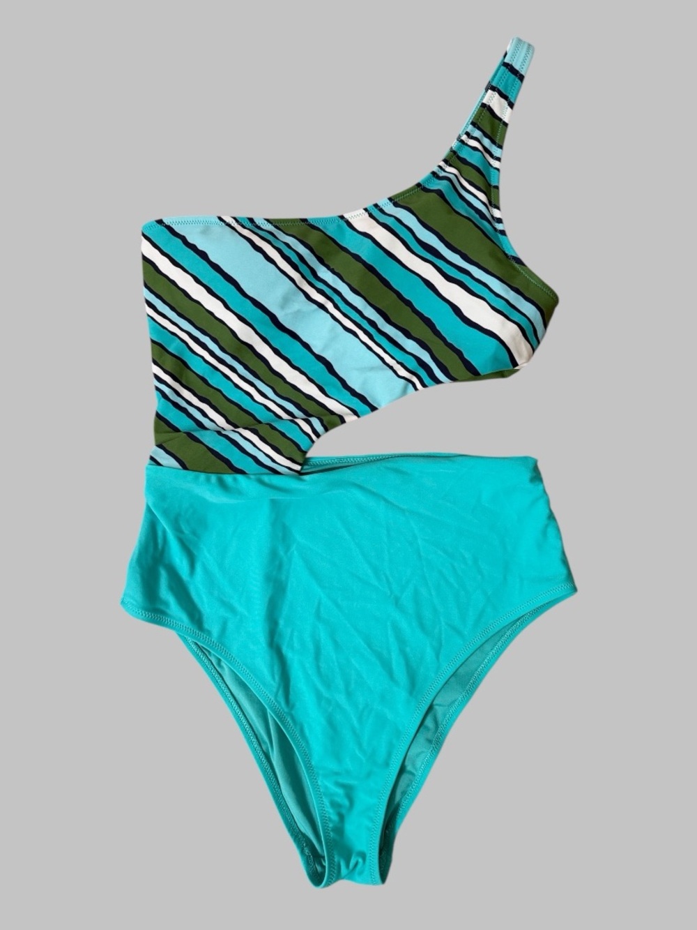 Aerie One Piece One Shoulder Cheeky Blue Striped Swimsuit